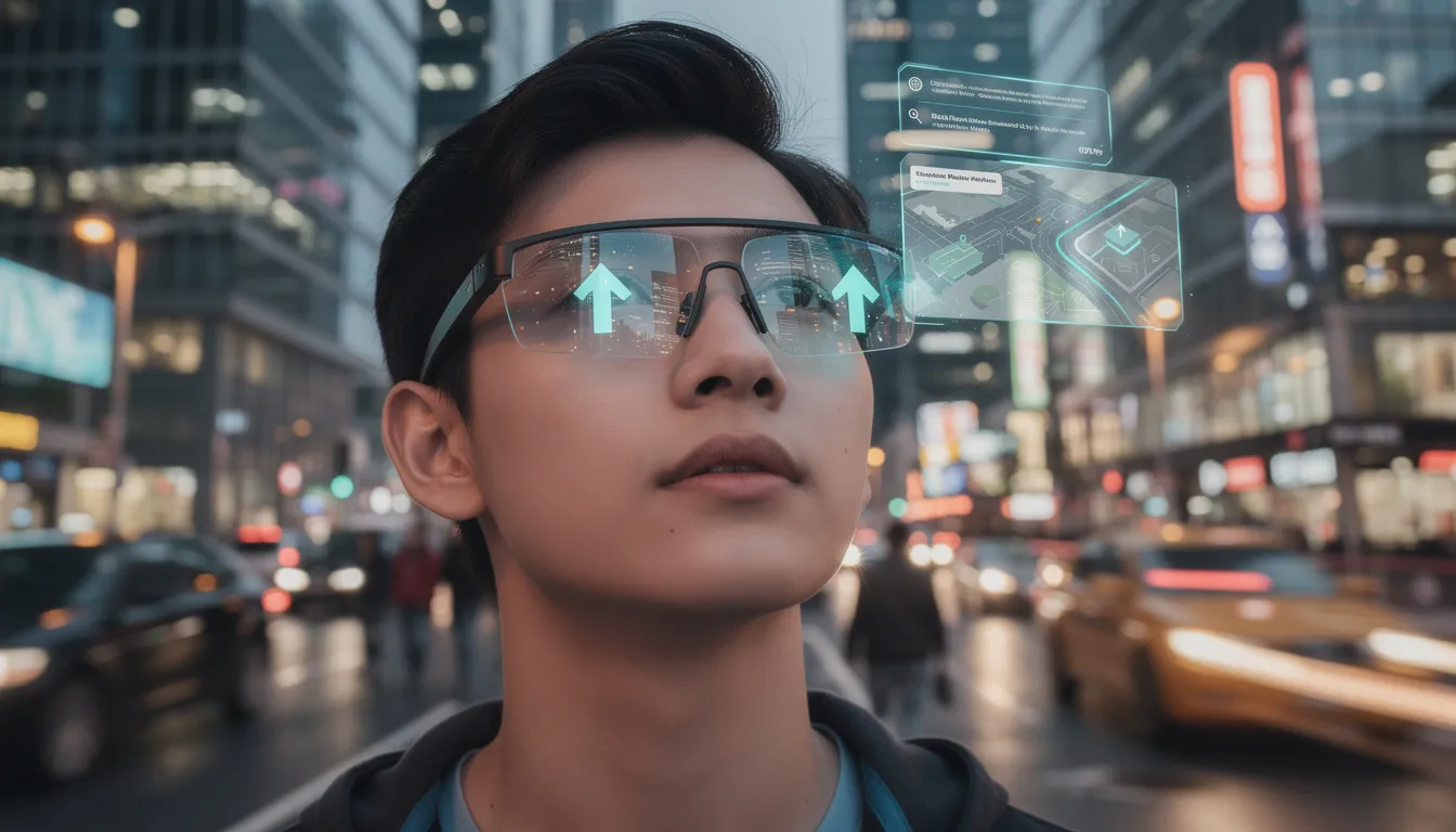 A person is wearing smart glasses equipped with augmented reality (AR) technology in a bustling urban environment, showcasing the integration of advanced AI systems into everyday life. The AR overlay enhances their experience, illustrating the potential of AI-driven applications and tools in modern settings.
