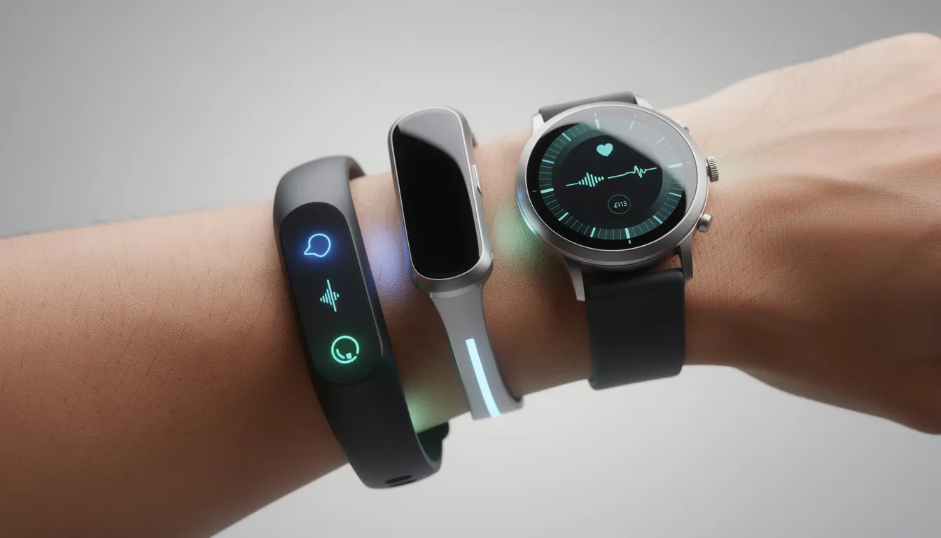 A person's wrist is adorned with modern wearable health devices featuring subtle glowing indicators, showcasing the integration of advanced sensors and living intelligence technologies in personal health care. These innovative tools represent a new frontier in medical products, bridging gaps in data processing and enhancing the abilities of individuals to monitor their health in real-time.