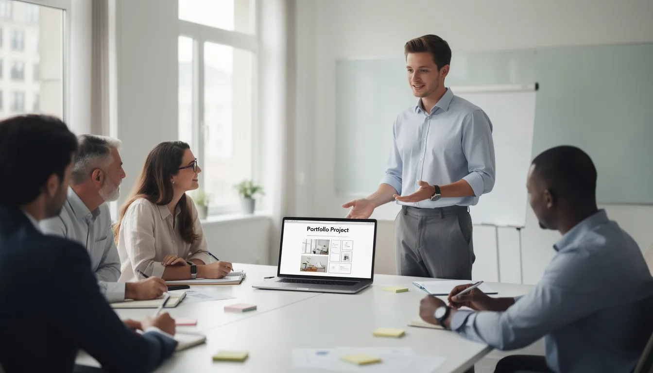 A person is presenting their portfolio project on a laptop screen to a small team, showcasing their skills in artificial intelligence and data science. The team appears engaged as they discuss machine learning techniques and the impact of data analysis on the job market.