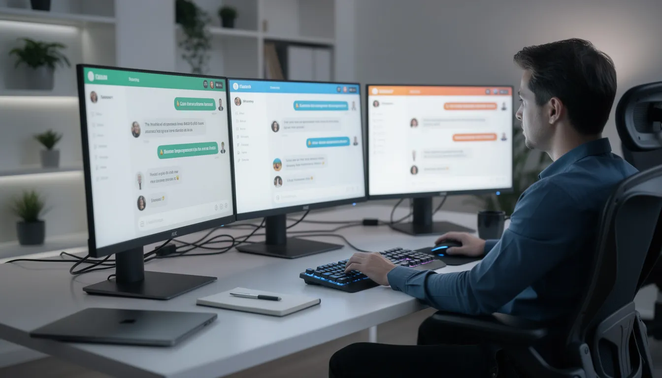 A person is seated at a modern desk, surrounded by multiple computer screens displaying various AI chat interfaces, including tools for content creation and idea generation. The setup suggests a focus on utilizing advanced AI models and chatbots for brainstorming and technical tasks.