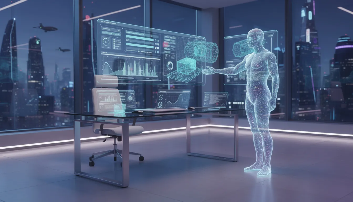 The image depicts a futuristic workspace featuring holographic displays and a visualization of an AI assistant, illustrating advanced technology such as Google Gemini and other Google services. This setting highlights the integration of artificial intelligence and machine learning, creating an environment for users to brainstorm ideas and handle tasks efficiently.