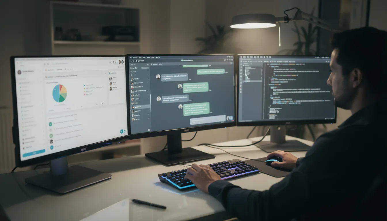 The image depicts a person working at a computer surrounded by multiple screens displaying various applications and chat interfaces, showcasing advanced features of AI solutions and bots. This environment reflects a cutting-edge approach to handling complex tasks, utilizing tools for deep research and engagement on social media platforms.