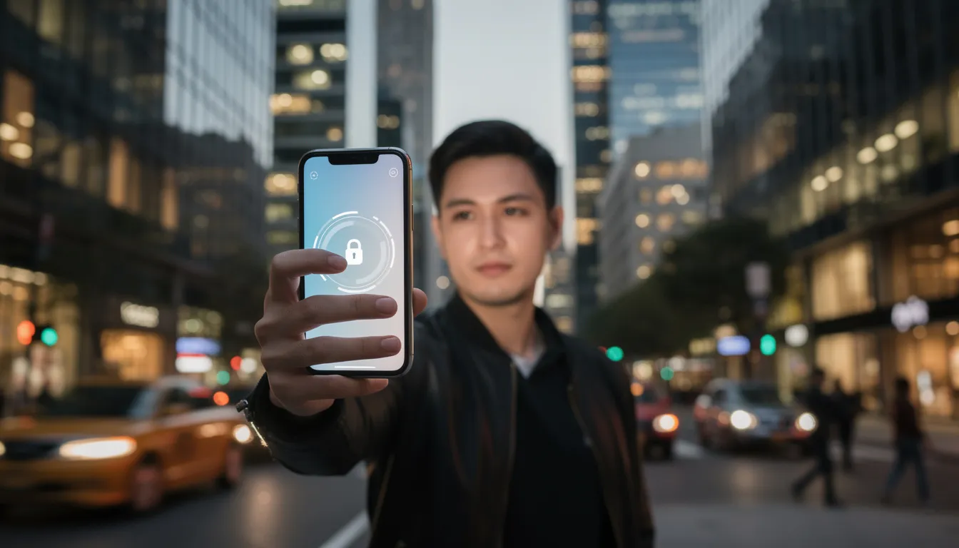 A person is unlocking their smartphone using facial recognition technology in an urban environment, showcasing the application of computer vision and machine learning algorithms in everyday life. The scene highlights the convenience and efficiency of AI and machine learning in personal devices.