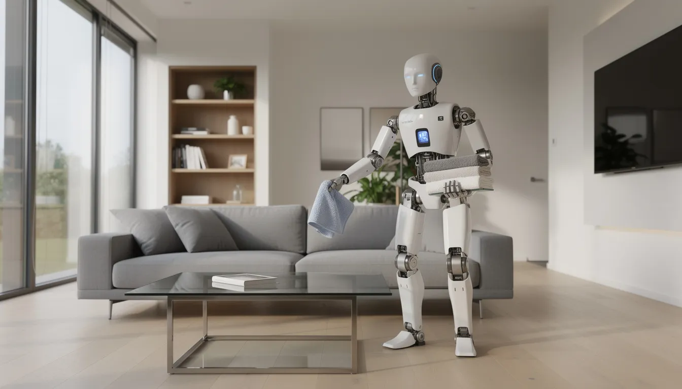 In a modern living room, a humanoid robot prototype is seen performing various household tasks, showcasing advanced automation and human-robot interaction. This scene illustrates the future of robotics, where AI-driven robots assist in everyday life, enhancing human abilities and simplifying complex tasks.