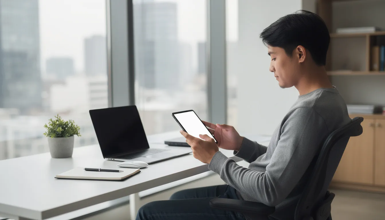 The image depicts a person peacefully reading on a tablet in a modern workspace, surrounded by sleek furniture and natural light, which reflects a calm and focused environment ideal for learning about artificial intelligence and data science. The scene captures the essence of integrating technology into everyday life, highlighting the importance of acquiring essential AI skills in a contemporary setting.