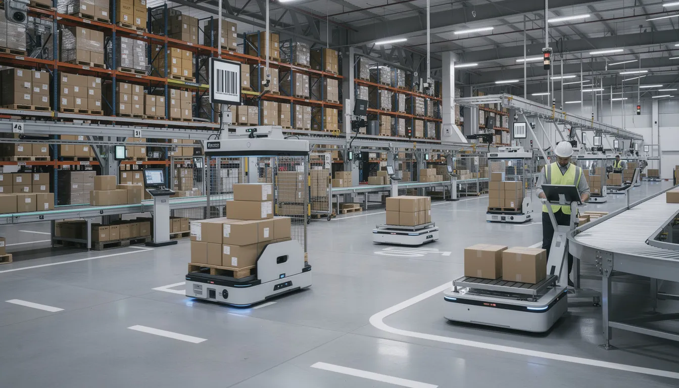 The image depicts a modern warehouse bustling with robotic systems efficiently moving packages, showcasing the integration of artificial intelligence and automation in logistics. These AI systems, designed to perform repetitive tasks, utilize advanced algorithms to recognize patterns and optimize operations within the space.