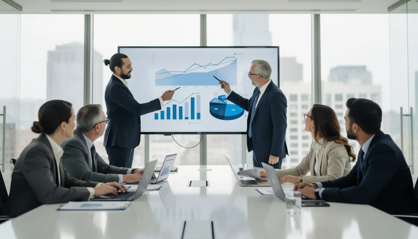 A group of business executives, including a chief AI scientist, is gathered in a modern conference room, intently reviewing data presentations on AI technologies and machine learning strategies. The atmosphere reflects a focus on decision-making and innovation in the context of AI transformation and its impact on business functions.