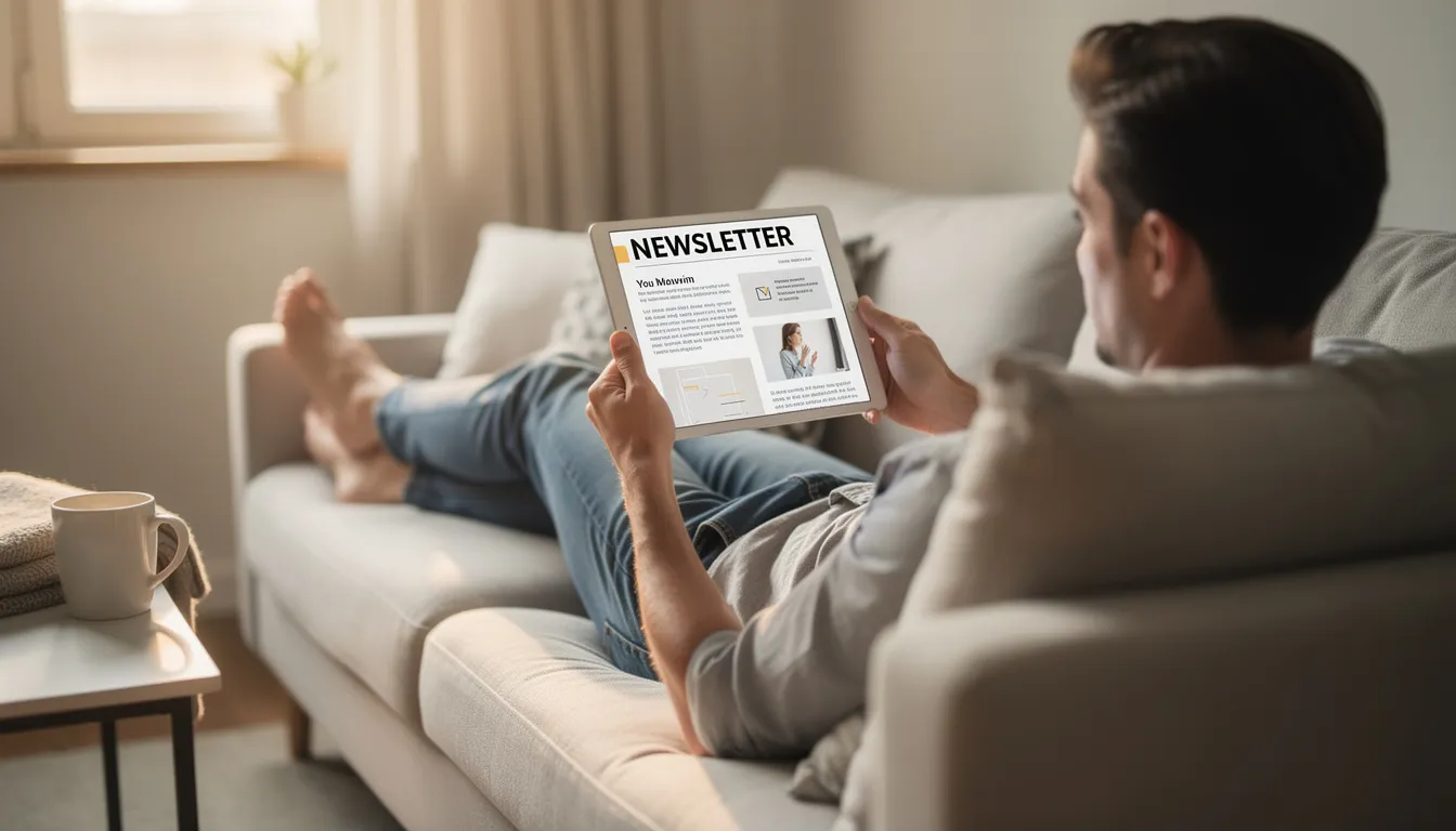 A person is comfortably seated, relaxing while reading a digital newsletter on a tablet device. The scene suggests a moment of leisure, possibly exploring updates on AI coding tools or programming languages.