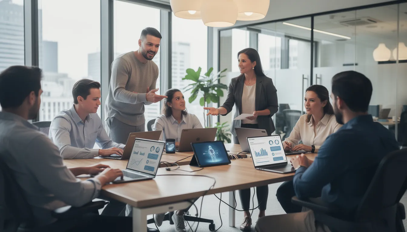 The image depicts a modern office workspace where professionals are engaged with laptops and tablets, utilizing advanced AI systems and tools to enhance their productivity. The environment reflects the integration of artificial intelligence in everyday life, showcasing how AI technology supports data analysis and collaborative work.