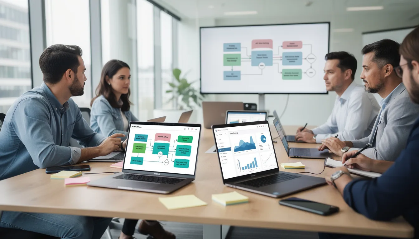 A diverse team of professionals collaborates around a table, each using laptops that display various AI workflow tools designed for analyzing data and enhancing business operations. The scene highlights the integration of artificial intelligence in everyday life, showcasing how AI technology and human intelligence work together to perform complex tasks and improve efficiency.