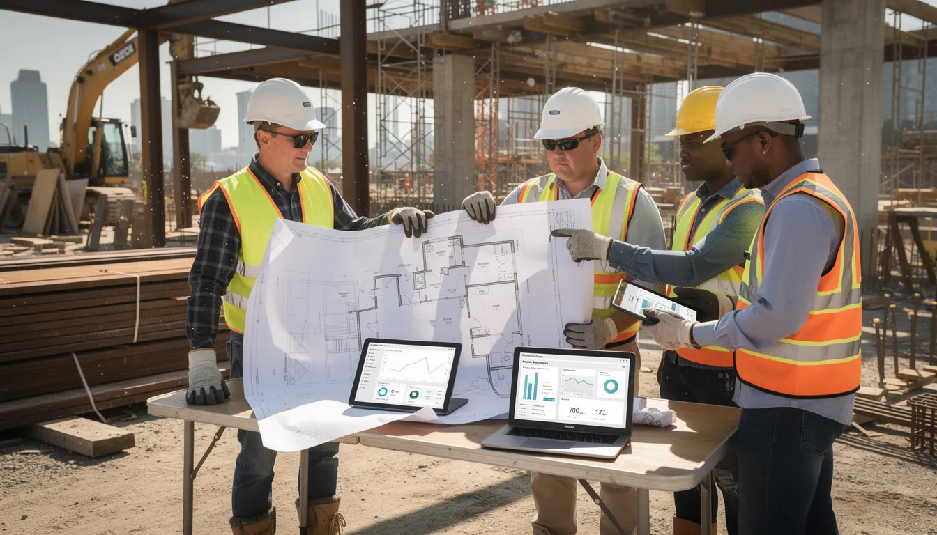 The image depicts a bustling construction site where workers are gathered around reviewing blueprints and tablets that display project data, highlighting the integration of advanced tools in managing construction workflows. The scene reflects a collaborative effort in utilizing technology to enhance productivity and streamline business processes on-site.