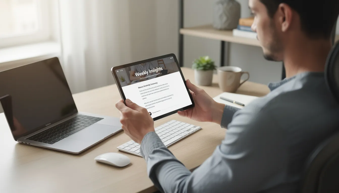 A person is focused on reading an email newsletter on a tablet while seated at a clean and organized desk, demonstrating effective use of technology in managing customer interactions and tasks. The scene highlights a modern workspace conducive to productivity and communication.