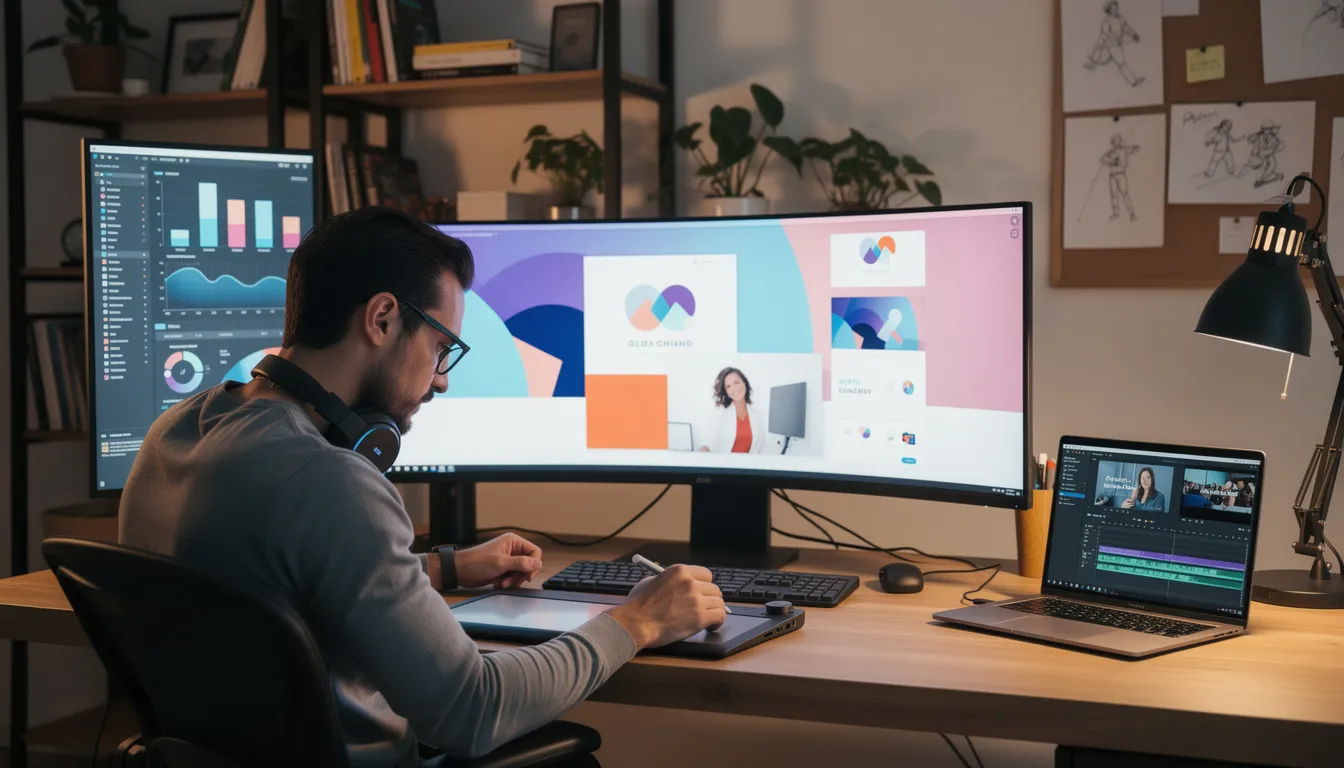 A creative professional is reviewing content on multiple screens, showcasing a blend of digital tools and technology, including elements of artificial intelligence and machine learning. The image highlights the dynamic nature of the creative process as the individual engages with various forms of ai generated materials.