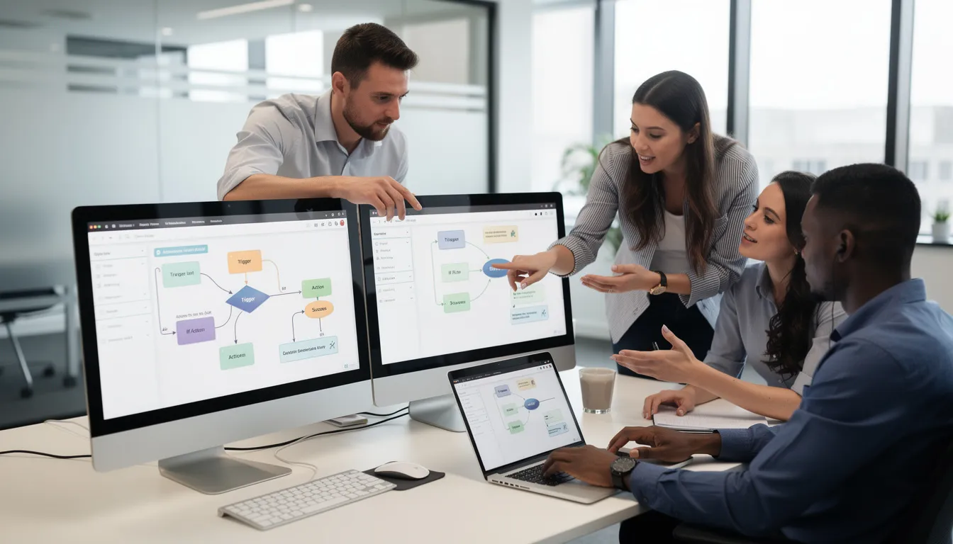 A business team collaborates around computers, with screens displaying automation workflows and AI tools designed to enhance operational efficiency. The scene highlights the integration of artificial intelligence in streamlining business processes, showcasing the potential of AI models and intelligent automation in real-world applications.