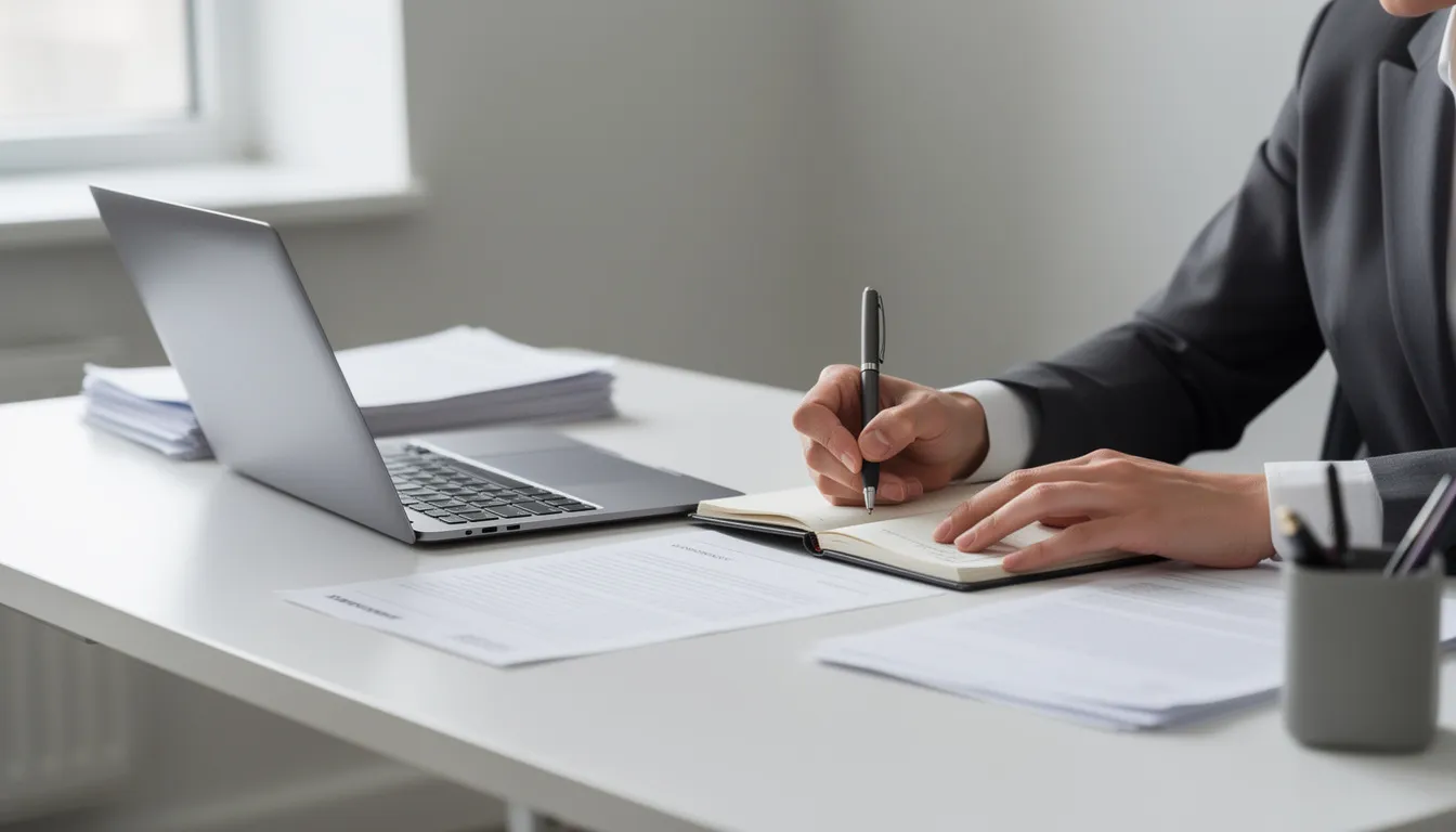 The image depicts a professional sitting at a clean desk, reviewing documents and taking notes, likely engaged in project management tasks related to enhancing operational processes and managing client relationships. This setting reflects an environment conducive to improving client satisfaction and developing innovative solutions in the field of artificial intelligence and information technology.