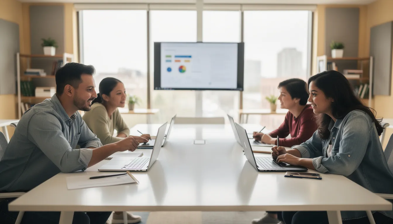 In a modern classroom setting, students are collaborating around laptops, engaging in discussions and brainstorming ideas for their projects. The atmosphere is dynamic, showcasing the use of technology and interactive visuals to tackle complex tasks together.