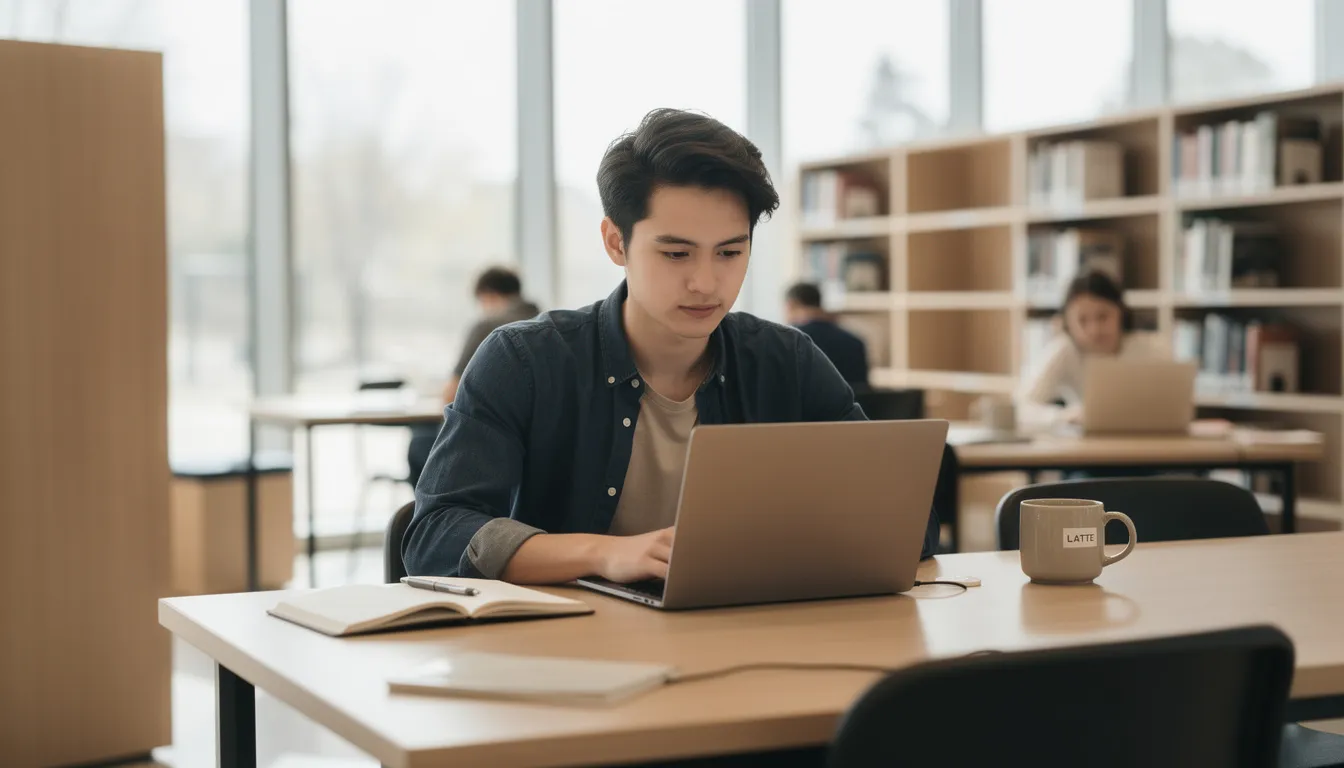 The image depicts a person focused on studying with a laptop in a modern library or workspace, surrounded by shelves filled with books. This environment fosters learning about artificial intelligence concepts, such as machine learning and generative AI tools, enhancing their knowledge and skills.