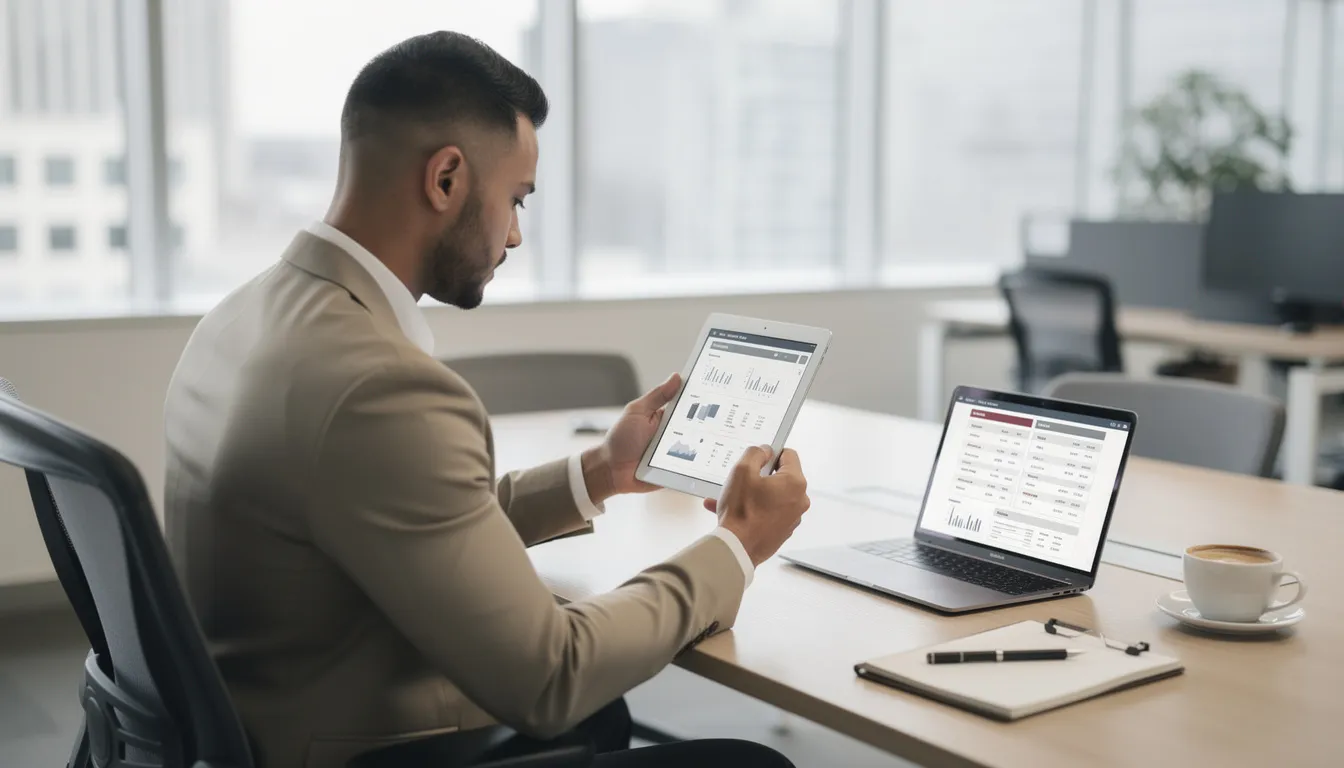 A professional is seated at a desk, intently comparing options on a tablet device while a laptop sits nearby, indicating a productive work environment that may involve the use of AI tools for tasks such as data analysis or content generation. The scene suggests a focus on making informed decisions, possibly utilizing AI chatbots or models to aid in the process.
