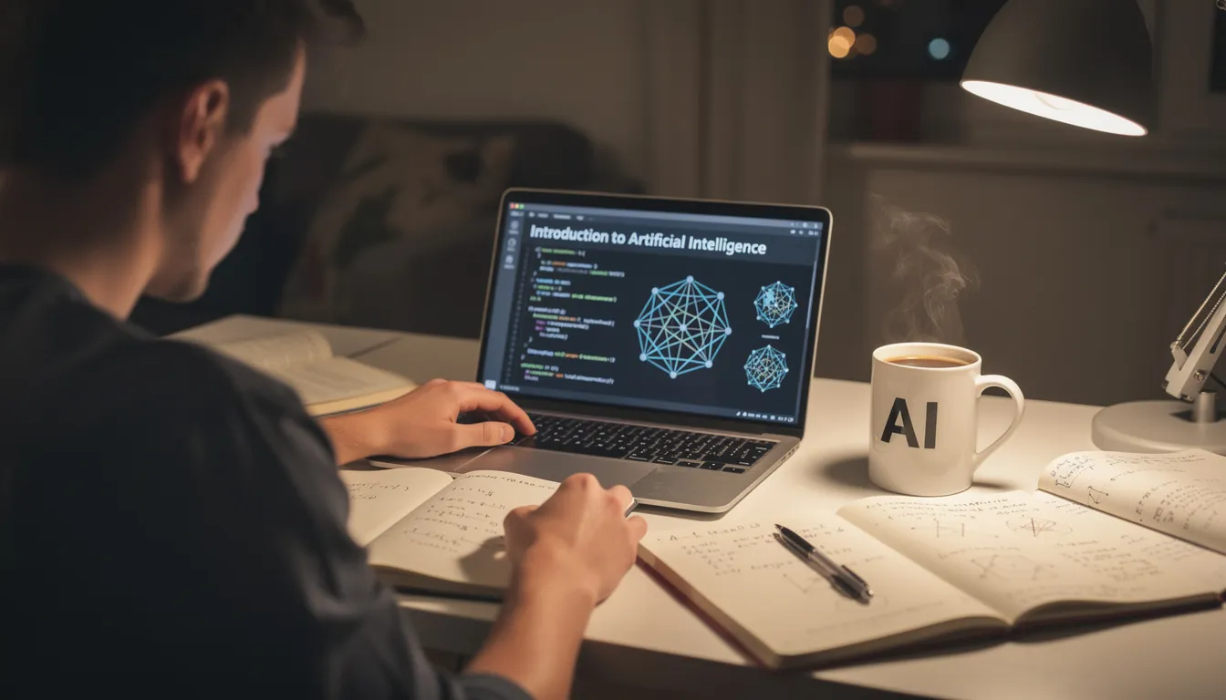 A person is studying artificial intelligence courses on a laptop, surrounded by notebooks and a cup of coffee, focusing on topics like machine learning algorithms and natural language processing. This scene reflects the growing interest in AI careers and the importance of developing job-ready AI skills in today's job market.