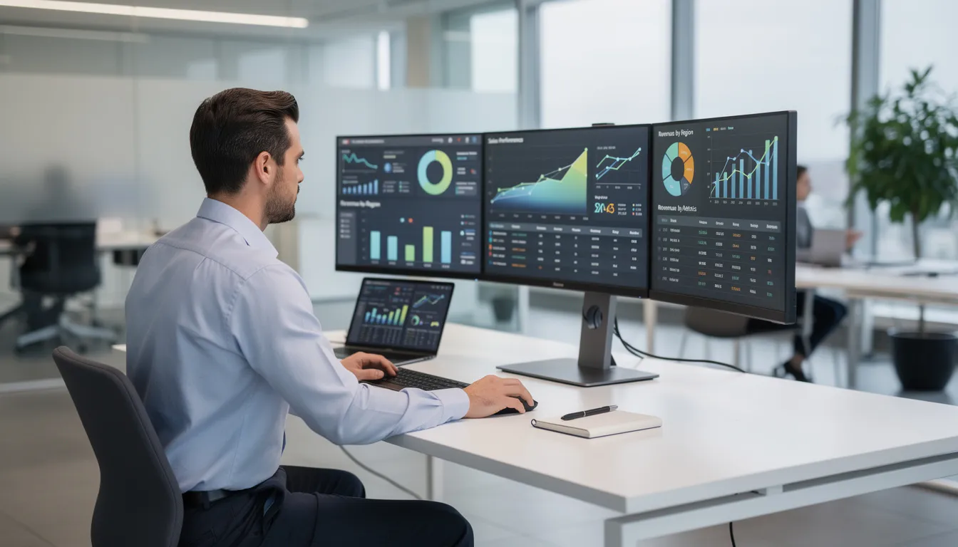 A professional in a modern office environment is intently observing multiple screens that showcase data dashboards and analytics, highlighting the use of AI technologies for data analysis and informed decision-making. This scene reflects the integration of AI capabilities in business functions, emphasizing the importance of actionable insights for senior leaders in nearly every industry.