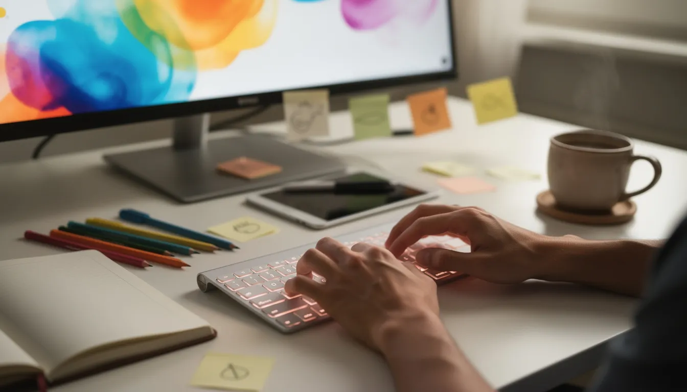 The image shows hands typing on a keyboard in a creative workspace, with a coffee cup nearby, suggesting a productive environment for writing blog posts or working on Google Docs. This scene embodies the use of various tools and generative AI models to enhance the writing process.