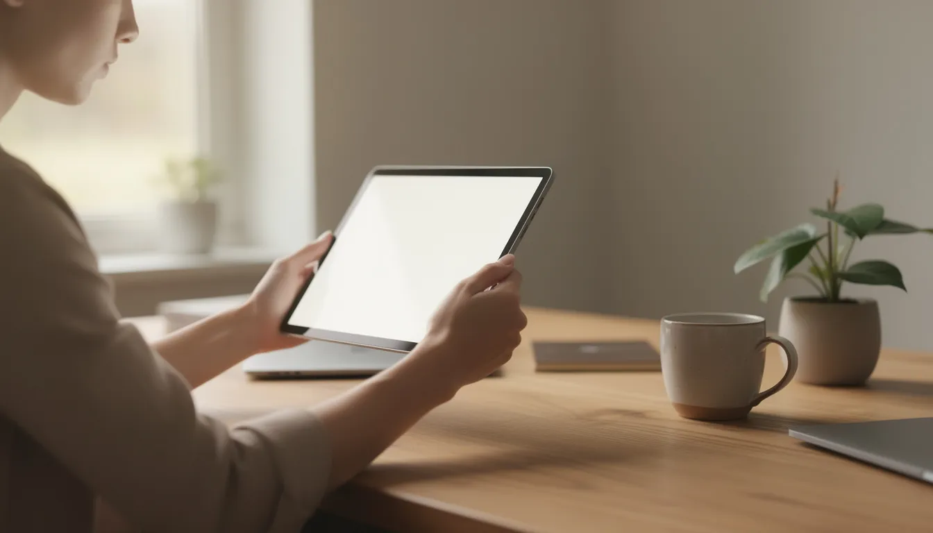 A person is sitting in a serene environment, focused on reading a tablet, which may contain ai generated content or digital marketing strategies. The calm setting enhances their concentration, showcasing a moment of deep engagement with the content creation process.