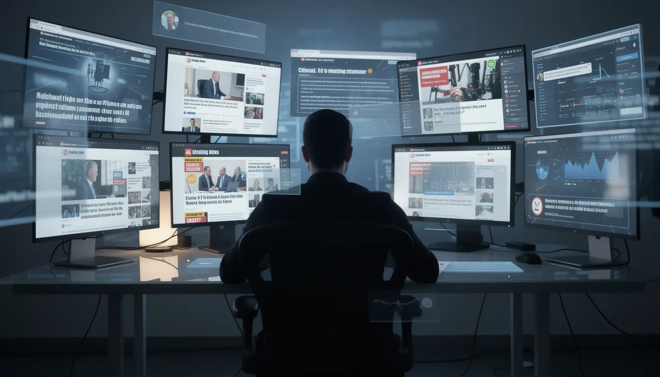 A person is seated at a desk, surrounded by multiple glowing screens that display news headlines and notifications, reflecting the pervasive influence of artificial intelligence in everyday life. The atmosphere hints at the societal concerns about AI's potential, job replacement, and the fear of its capabilities falling into the wrong hands.