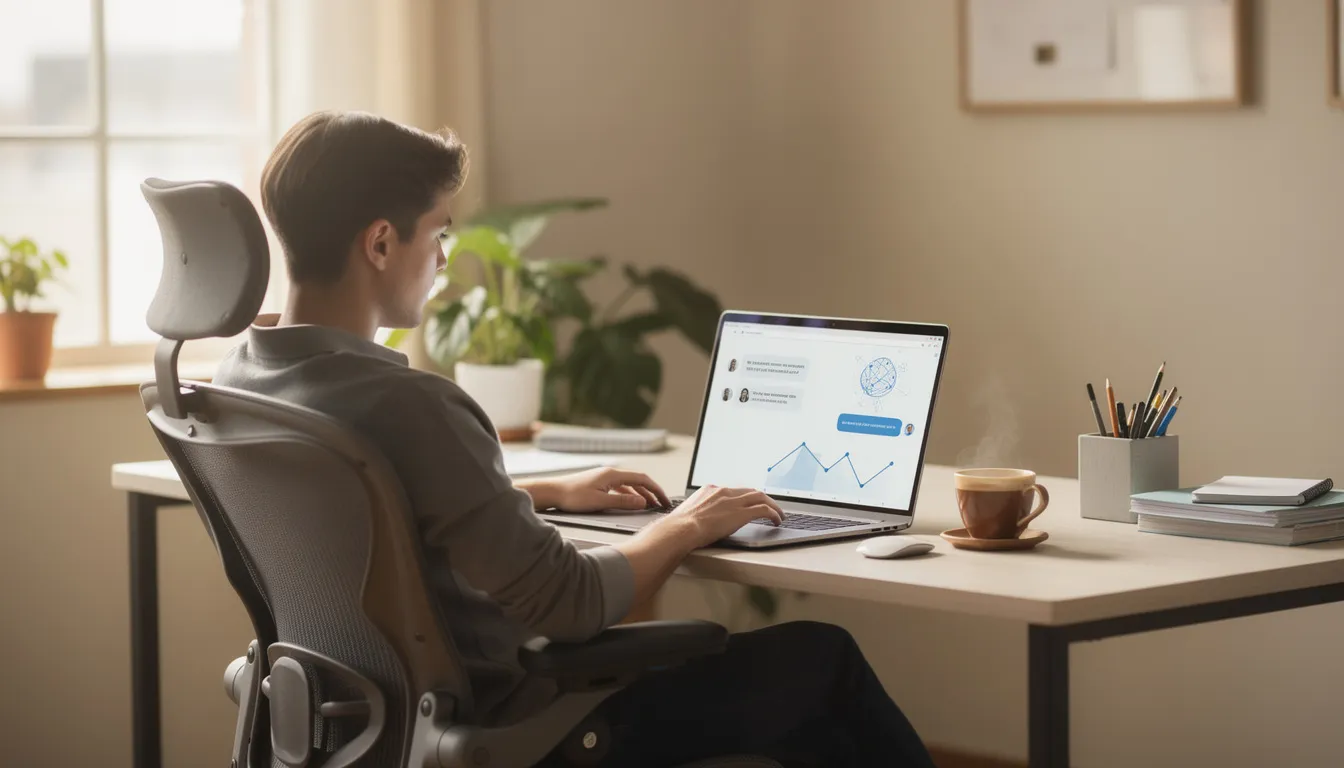 A person is comfortably seated at a desk, working on a laptop while enjoying a cup of coffee, symbolizing the productive collaboration between human intelligence and artificial intelligence technologies. This scene reflects the power of artificial intelligence in enhancing work efficiency through AI systems and machine learning applications.