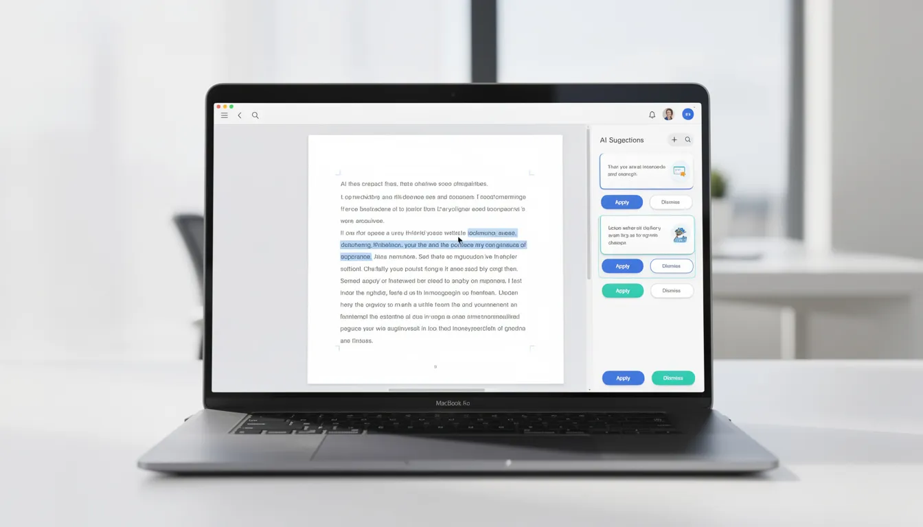 The image features a laptop displaying a modern document editor with a clean interface, showcasing AI-powered features in the sidebar that offer suggestions for writing and editing. This web-based tool enhances productivity by assisting users in drafting content and summarizing information efficiently.