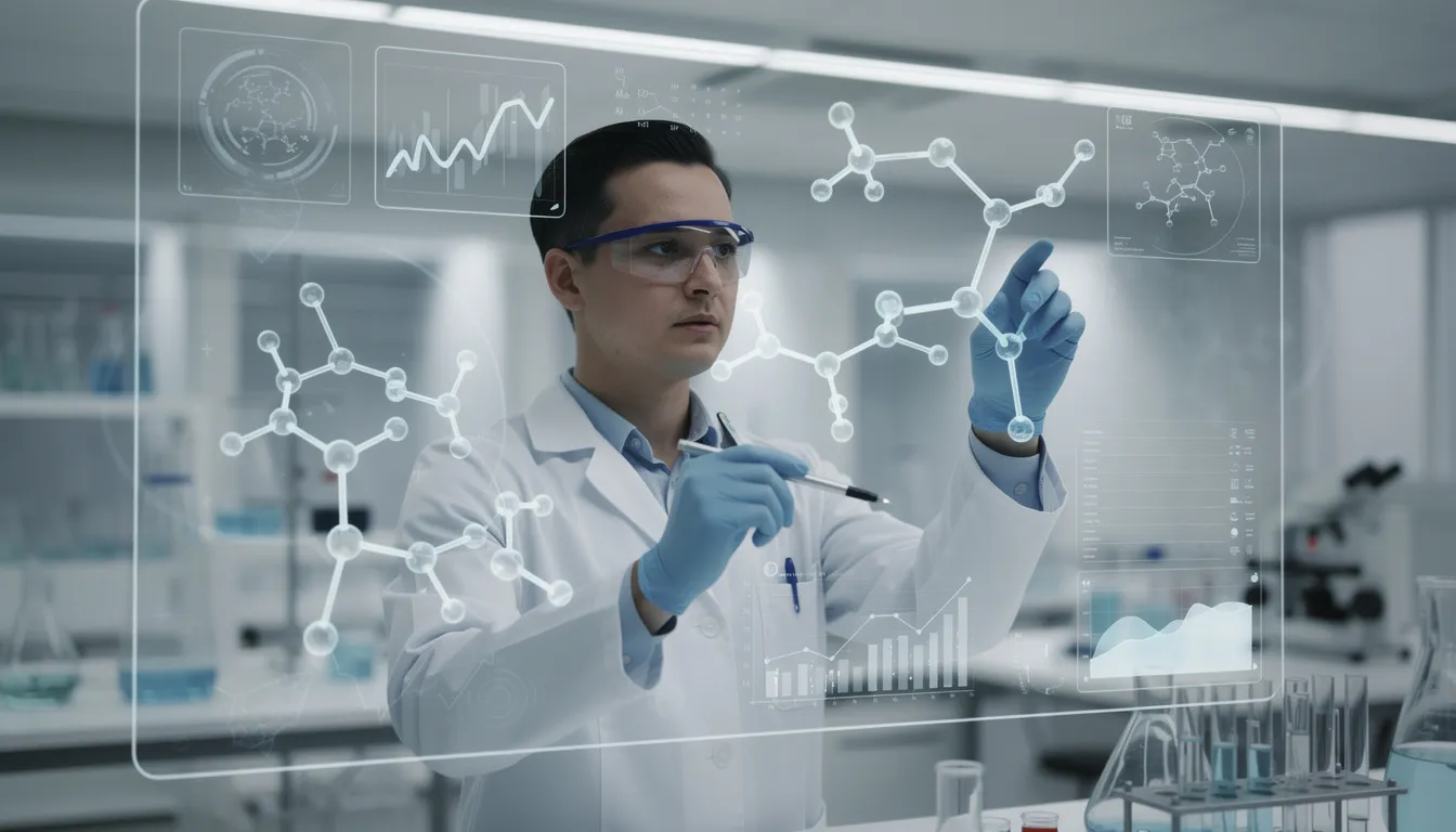 A scientist is intently examining molecular structures displayed on a digital screen in a modern laboratory, utilizing advanced AI tools and machine learning techniques to analyze complex data. The environment showcases cutting-edge technology that supports the exploration of artificial intelligence concepts and deep learning models.