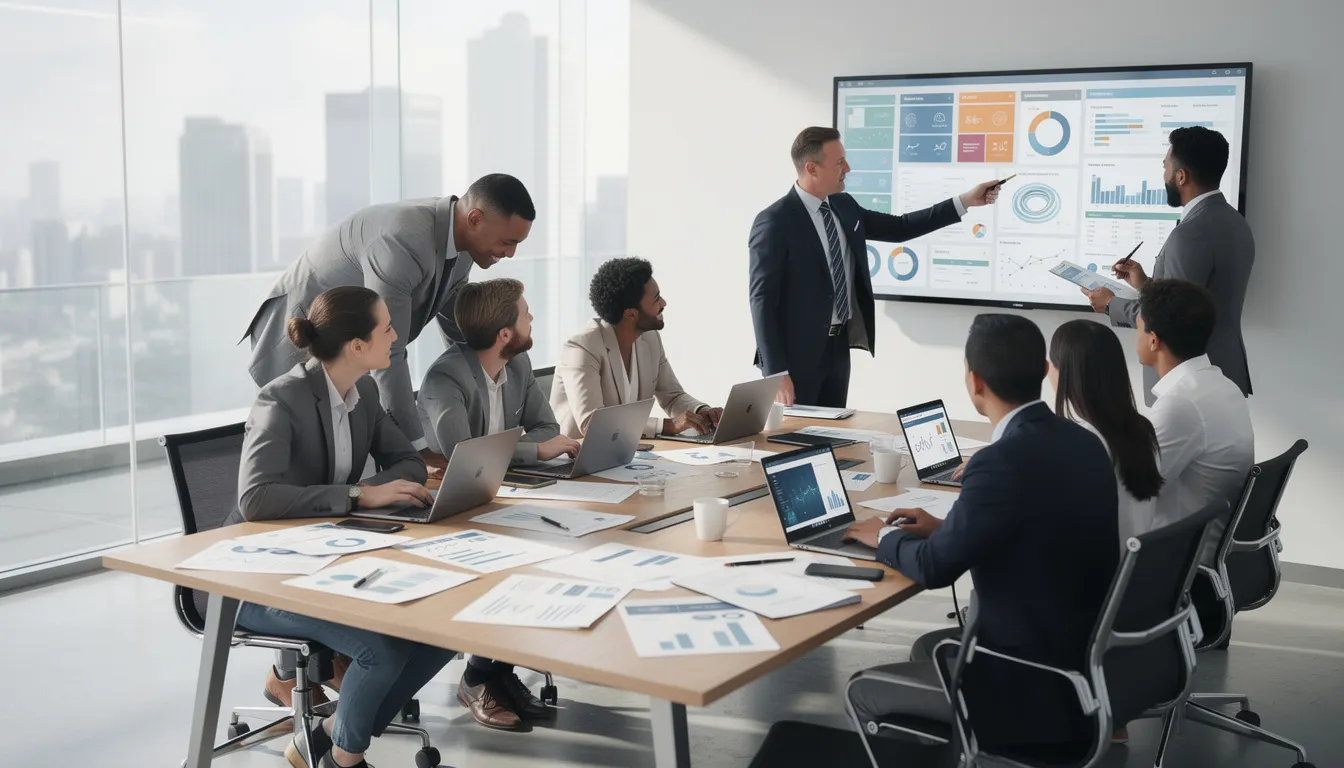 The image depicts a diverse group of professionals collaborating in a modern office, actively reviewing documents and discussing information displayed on digital screens. This setting reflects the integration of artificial intelligence in the workplace, showcasing teamwork and the exchange of ideas essential for effective ai governance and regulation.