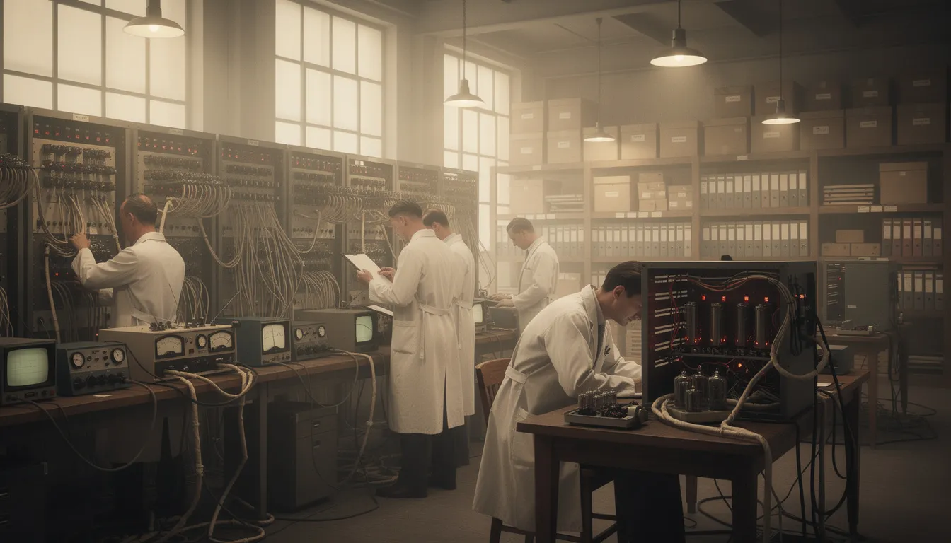 The image depicts a vintage laboratory filled with early electronic computing equipment, where scientists are engaged in research and experimentation. This scene reflects the beginnings of computer science and artificial intelligence, showcasing the innovative spirit of the era.