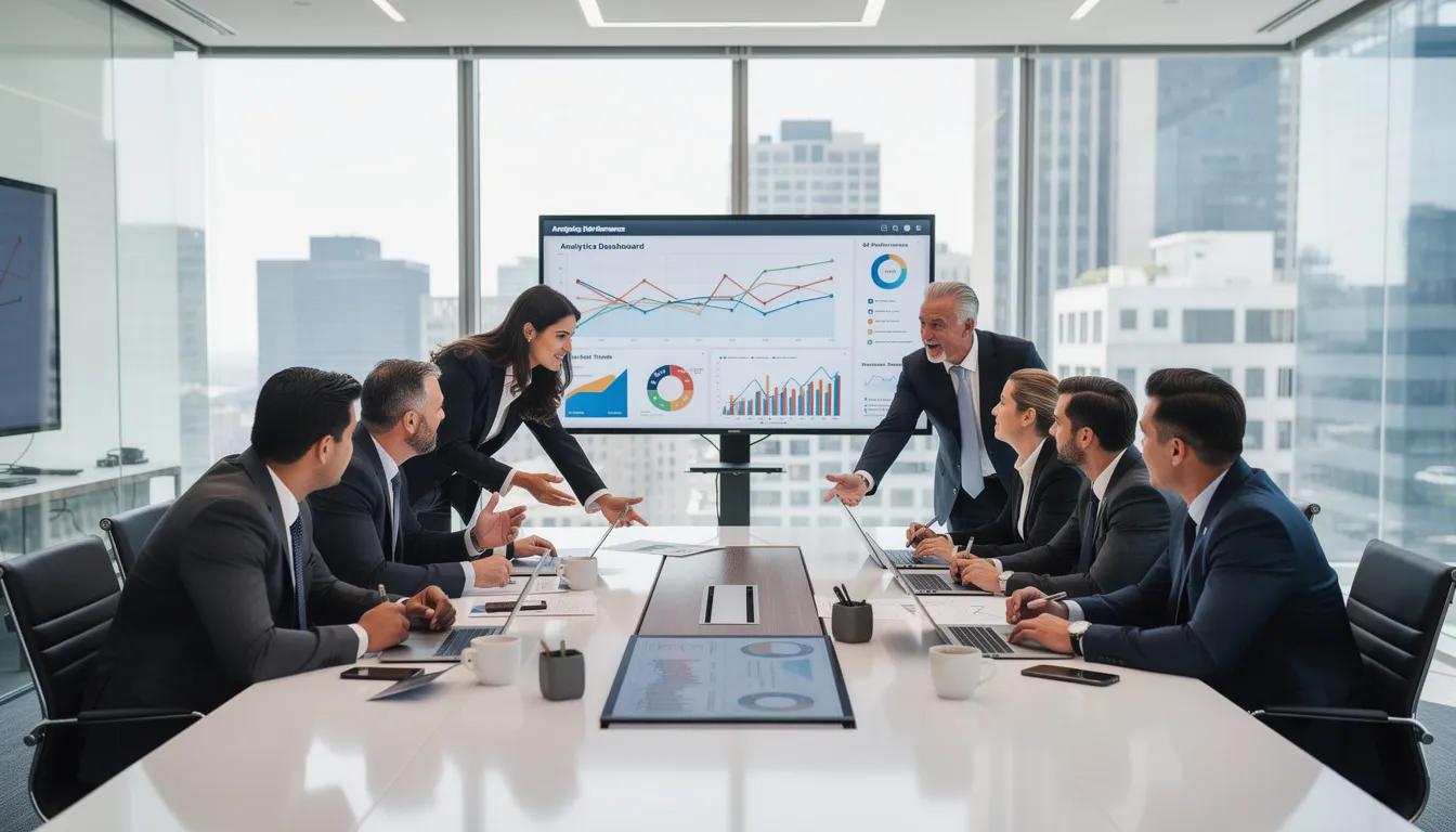 The image depicts a group of business professionals collaborating around a modern conference table, equipped with digital screens displaying data visualizations. They are utilizing AI tools and advanced data analytics to enhance customer satisfaction and streamline business processes.