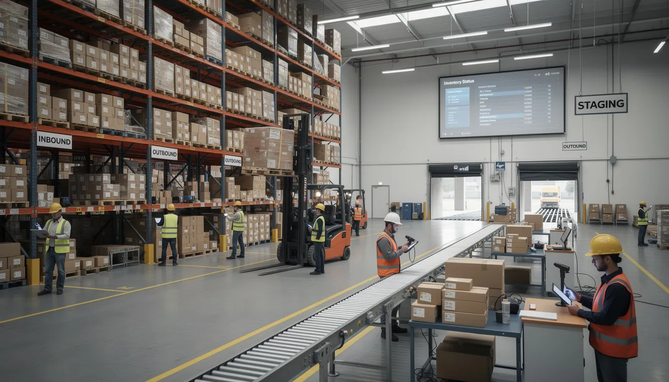 The image depicts a busy warehouse environment where workers are actively managing inventory and logistics operations, utilizing various business intelligence tools and AI-powered analytics to streamline processes and enhance data accuracy. The scene highlights the importance of data preparation and analysis in optimizing business operations and decision-making.