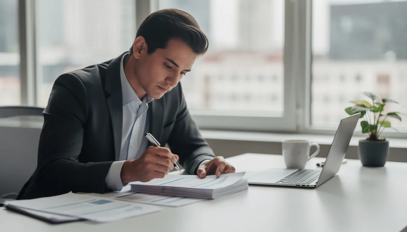 A person is sitting at a desk, intently reviewing documents with a pen in hand, engaged in the writing process. This scene captures the focus and effort involved in creating high-quality content, whether for professional documents or blog posts.