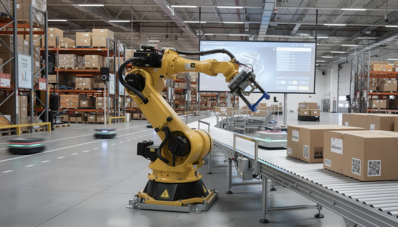 The image depicts an industrial robot arm operating in a modern warehouse, surrounded by automated systems that enhance efficiency and streamline operations. This integration of AI technologies illustrates the ongoing adoption of artificial intelligence in nearly every industry, fostering innovation and improving service delivery.