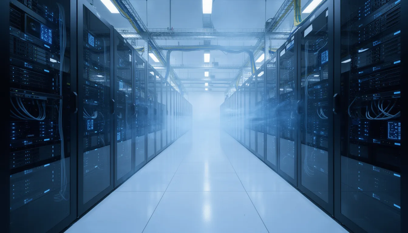 The image depicts a modern data center featuring rows of sleek servers illuminated by blue LED lighting, symbolizing the cutting-edge infrastructure that supports top AI companies and their advanced machine learning models. This environment is essential for businesses integrating AI technology to enhance their operations and drive digital transformation.
