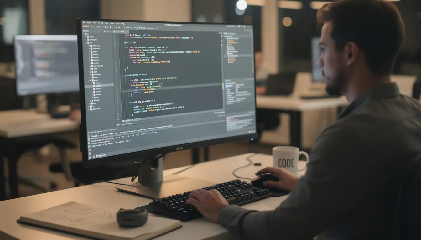 A developer is seated at a desk, focused on a computer screen displaying lines of code, symbolizing the integration of artificial intelligence and programming. This scene highlights the use of advanced AI tools for tasks like natural language processing and creating AI-powered chatbots.