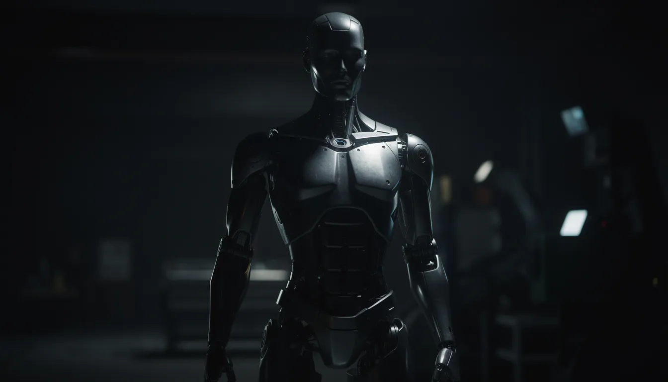 A humanoid robot figure stands in shadow, its metallic surface reflecting subtle ambient light, evoking a sense of both intrigue and fear regarding the potential of artificial intelligence in our everyday lives. This image captures the duality of technological advancement and the existential risks associated with AI systems, prompting thoughts about human development and the future of society.