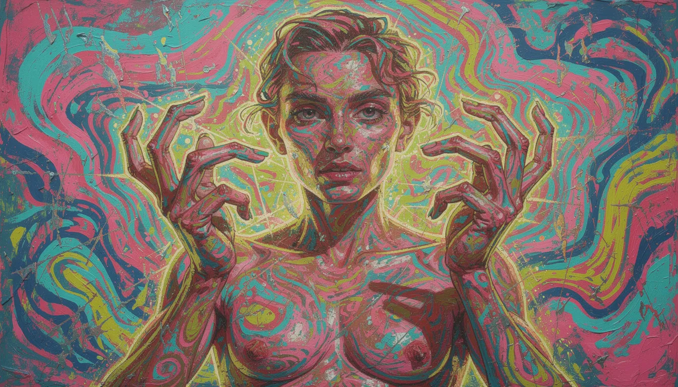 The image features a distorted portrait painting characterized by extra fingers and a swirling, colorful background in a psychedelic style, evoking a sense of surrealism and creativity. This artwork reflects the fascinating intersection of human creativity and artificial intelligence, reminiscent of concepts explored in sci-fi movies.