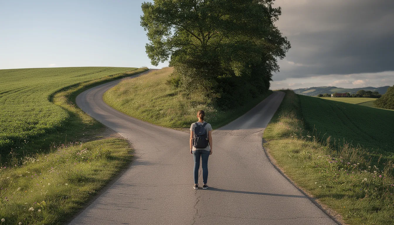 The image depicts a person standing at a fork in the road, contemplating two distinct paths that symbolize an ethical dilemma. This scene reflects the complexity of ethical decision making, where competing values and obligations may lead to conflicting choices.