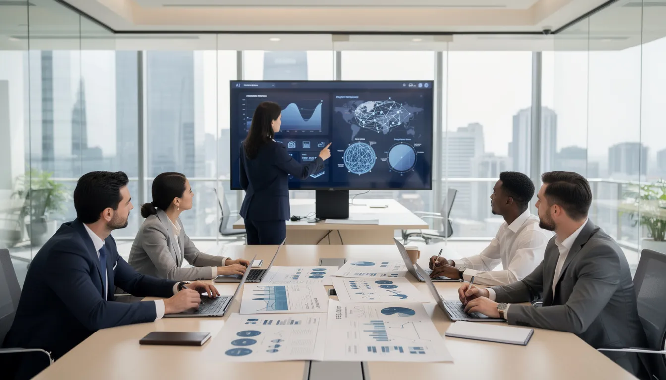 In a modern office setting, business professionals are gathered around a table, reviewing plans for an artificial intelligence project involving multiple AI agents. They discuss the capabilities of these advanced AI systems, focusing on how to deploy AI agents to automate complex tasks and improve business processes.