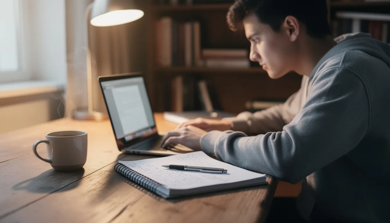 A student is focused on studying at a desk, equipped with a laptop, a notebook, and a coffee cup, embodying a modern learning environment that often utilizes AI tools and resources for enhanced understanding and practical applications in their coursework. The scene reflects a blend of traditional study methods and contemporary technology, supporting the student's journey in acquiring new skills and knowledge.