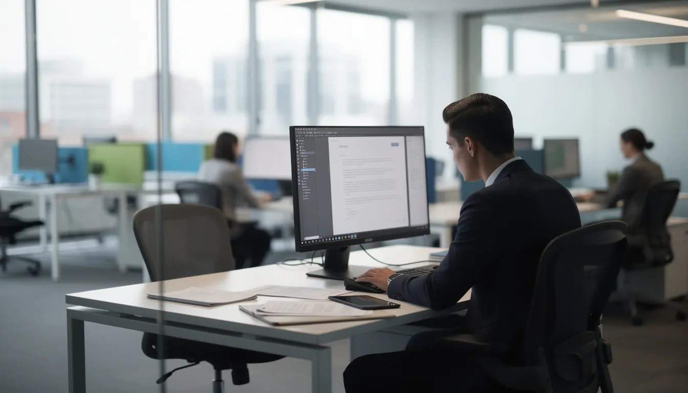 A focused individual is reviewing documents on a computer screen in a modern office environment, utilizing generative AI tools for data analysis and productivity. The setting reflects a professional atmosphere conducive to research and efficient work processes.