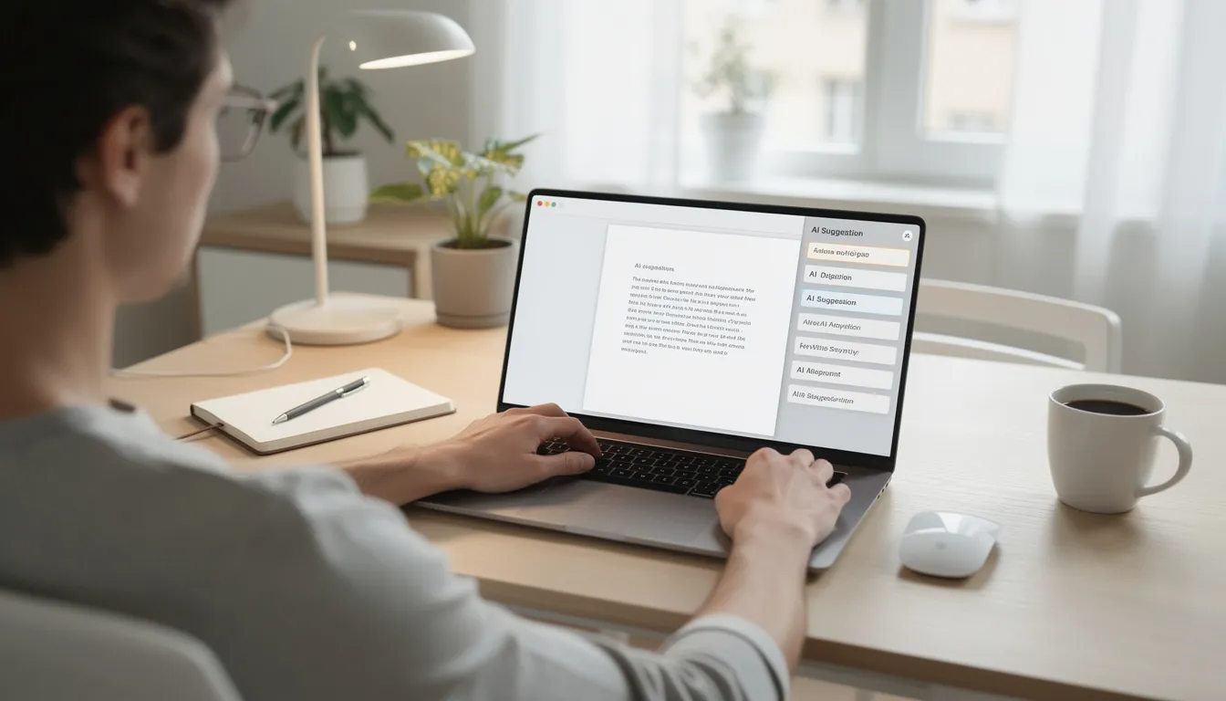 A person sits at a modern desk, focused on their laptop which displays a writing interface filled with AI suggestions, highlighting the integration of AI writing tools in the writing process. This scene illustrates the use of AI technology to enhance academic writing and creative writing tasks, showcasing the capabilities of AI writing assistants.