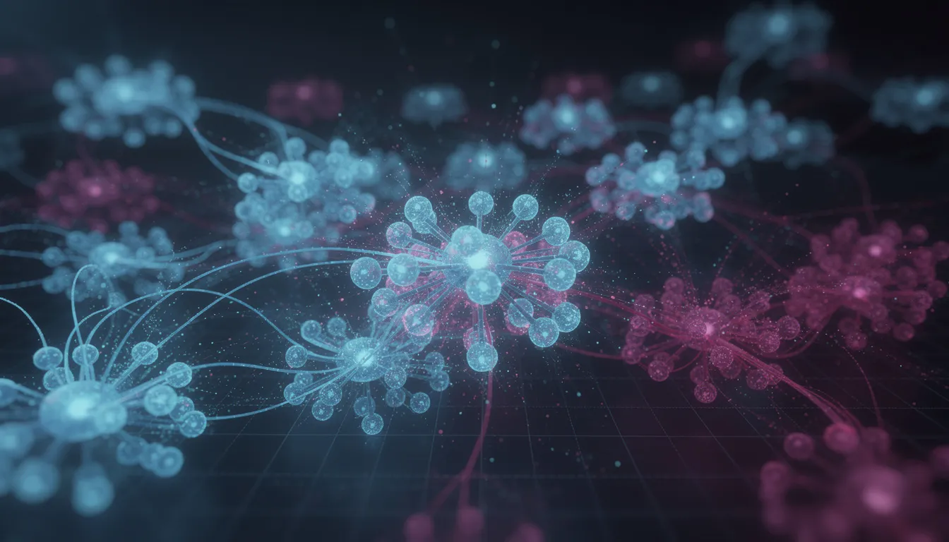 The image depicts an abstract visualization of interconnected nodes, symbolizing a neural network, which is a core concept in artificial intelligence and deep learning. This representation highlights the complexity of data structures and machine learning techniques used in AI systems and applications.