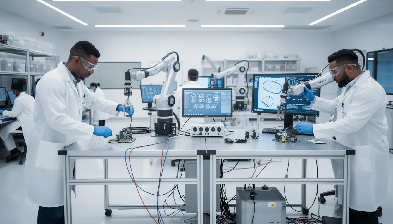 The image depicts researchers in white lab coats collaborating with advanced robotic arms in a high-tech laboratory, showcasing the future of artificial intelligence development and research. This scene highlights the innovative tools and models being utilized by artificial intelligence companies to advance their operations and engineering capabilities.