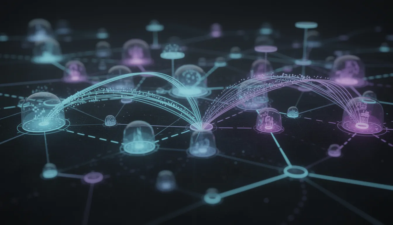 The image depicts an abstract representation of network nodes interconnected by glowing lines, symbolizing the flow of data and connections. This visual metaphor illustrates the concept of advanced search engines, highlighting how they process user queries and deliver relevant information through multiple AI models.