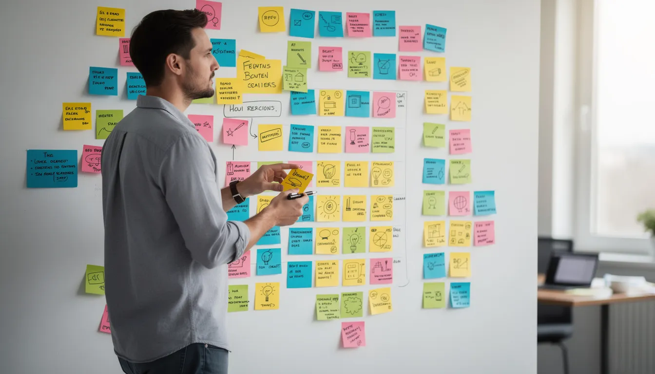 A person is brainstorming ideas by arranging colorful sticky notes on a wall, illustrating the creative writing process. This scene highlights the importance of organization and inspiration in generating high-quality articles and content using various tools and methods.