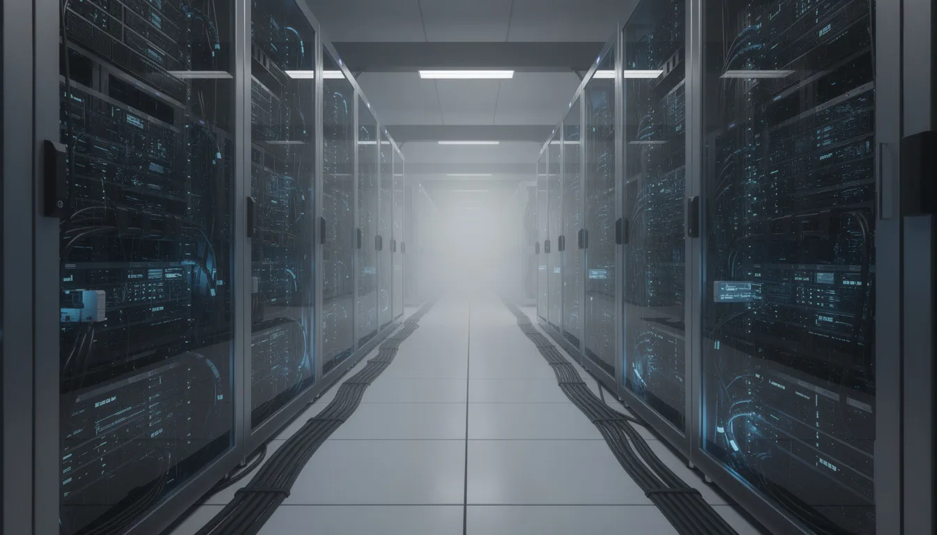 The image depicts a modern data center filled with rows of high-performance computing servers, illuminated by blue LED lighting. This environment is crucial for processing and analyzing complex data, supporting various applications of artificial intelligence, machine learning, and deep learning technologies.